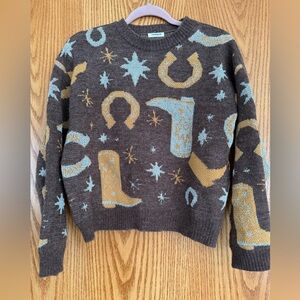 Western-Inspired Brown Sweater with Gold & Silver Accents